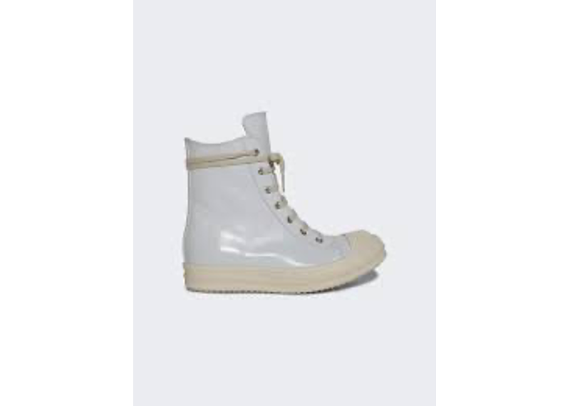 Rick Owens Ramones high-top sneakers in a white milk colorway featuring premium leather and a signature side zipper.