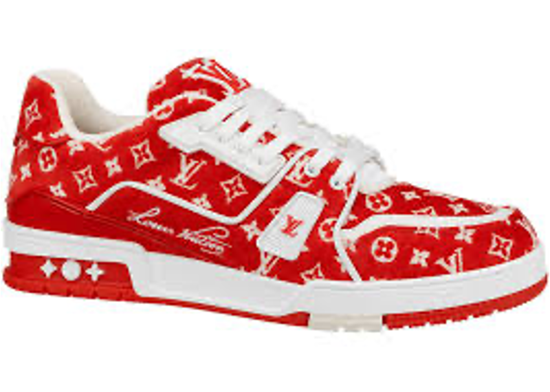 Louis Vuitton red LV Trainer sneakers in shoe monogram textile