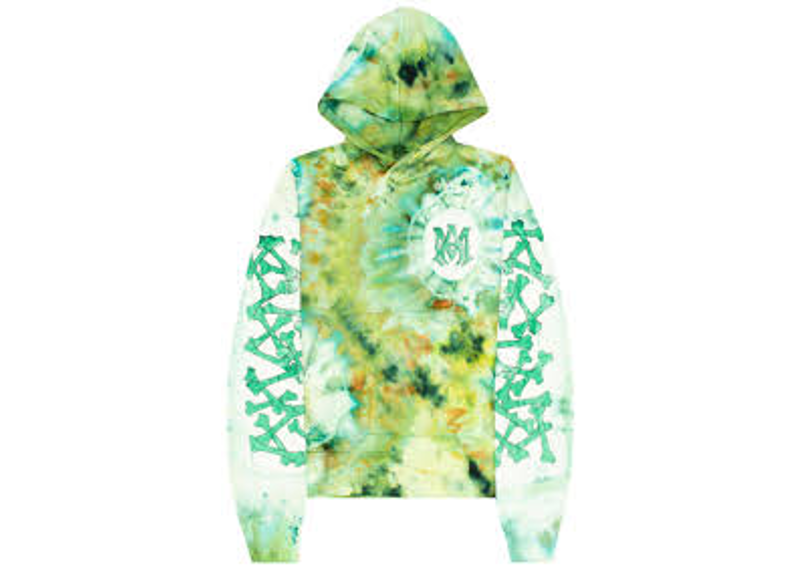 green and white tie-dye Amiri hoodie features a prominent MA logo patch.
