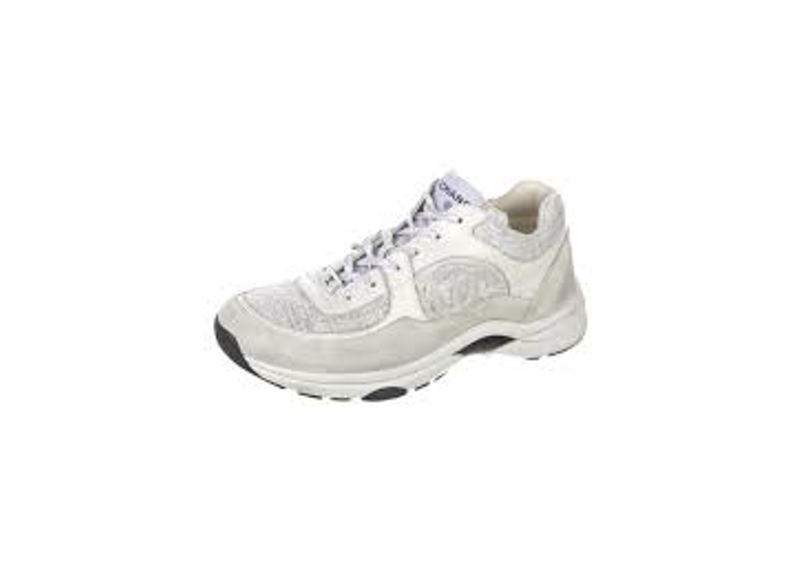 Chanel Painted Iridescent Cotton Tweed and Suede Calfskin CC Sneakers in white and silver