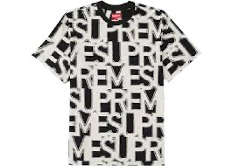 Supreme Spellout S/S Top Tee in black, featuring an all-over white