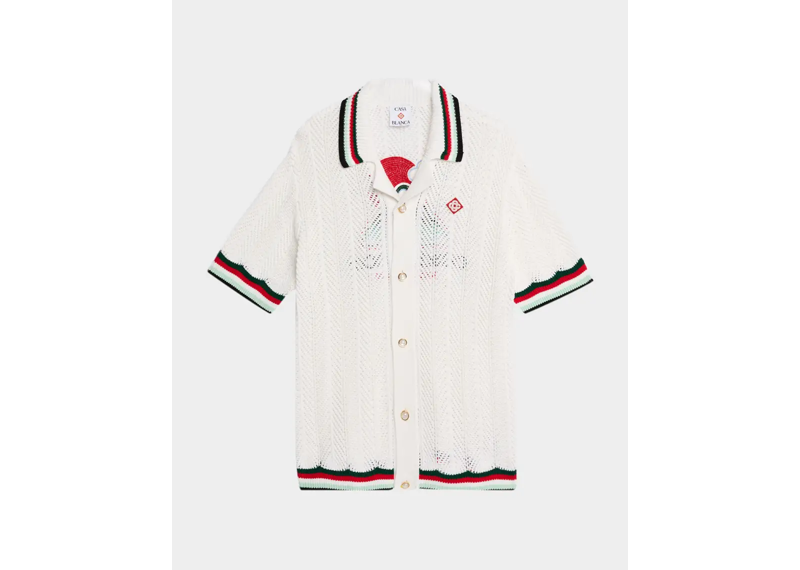 CASABLANCA Mens Faux Crochet Stripe Trim Short Sleeve Shirt