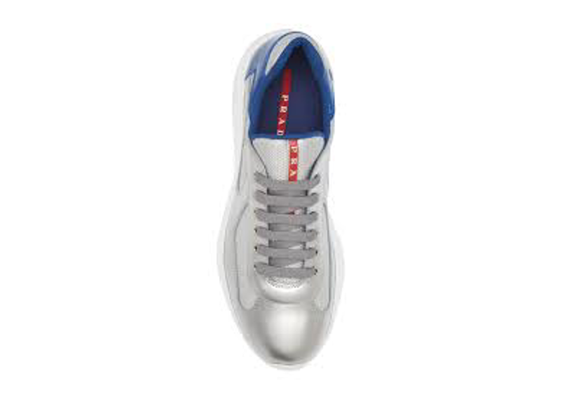 Prada Americas Cup sneakers featuring a silver and blue metallic finish