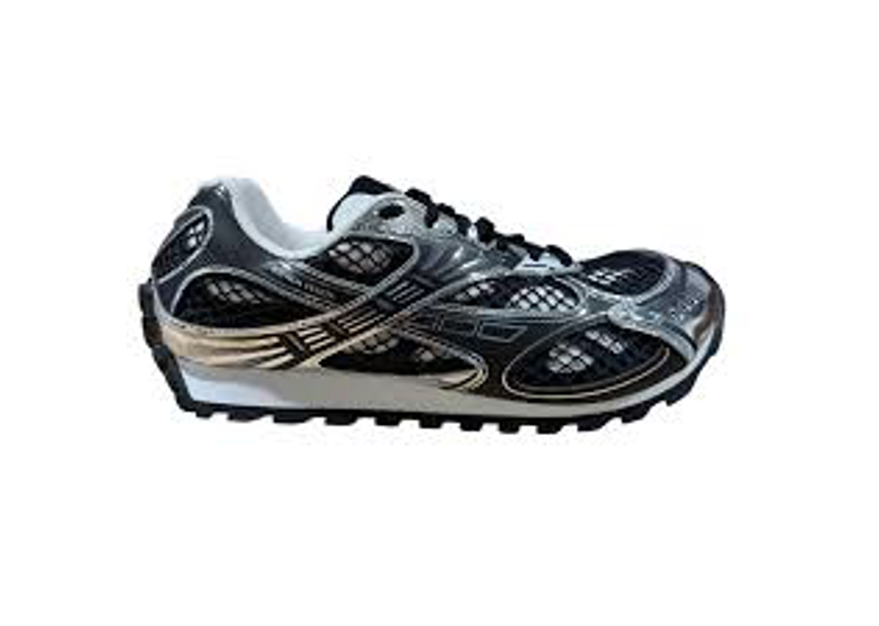 Bottega Veneta Orbit sneakers feature a distinctive black mesh design contrasted by silver metallic overlays.