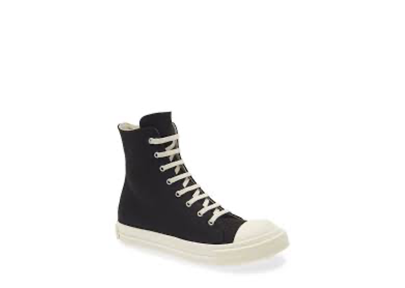 black Rick Owens DRKSHDW high-top sneakers with a white midsole and signature toecap