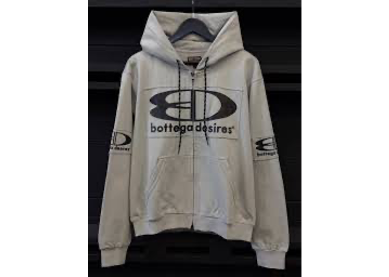Bottega Desires Tech Jacket in grey featuring a large logo print on the front and drawstring hood.