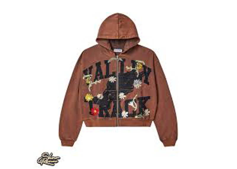brown Vale Forever Harmony Garden zip-up hoodie featuring floral embroidery.