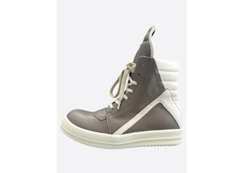 Rick Owens Geobasket leather high-top sneakers in a grey and milk white colorway.