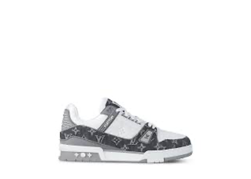Louis Vuitton Trainer Sneakers in gray monogram denim and white leather