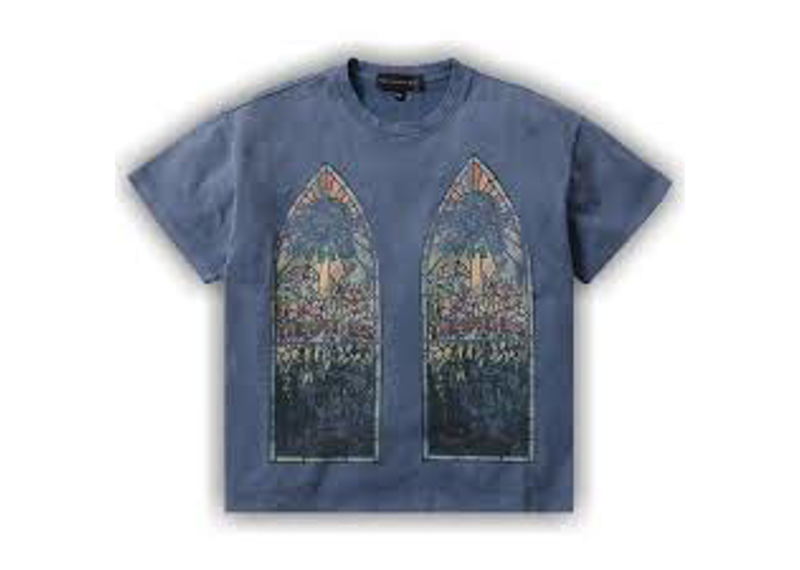 Who Decides War Faded Jersey T-Shirt is featured in a Vintage Grey colorway with stained glass graphics printed on the front