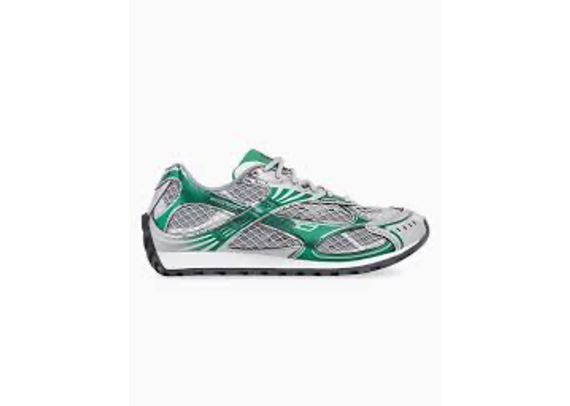 Bottega Veneta Orbit Sneakers in a vibrant silver and parakeet green colorway, constructed with mesh and metallic rubber details