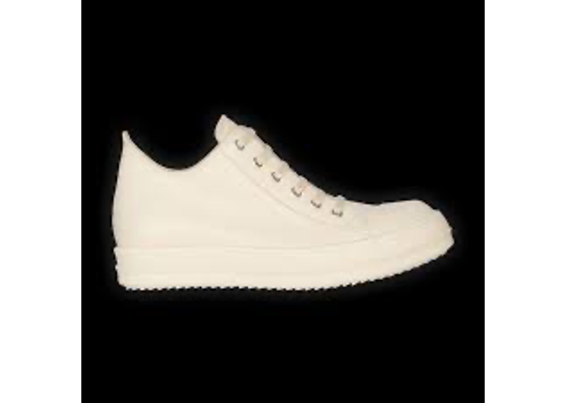 white Rick Owens sneakers feature a distinctive smooth leather upper and a thick, ribbed rubber sole.